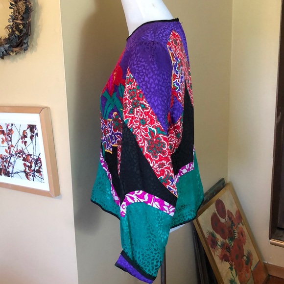 Vtg 80s UMI COLL Size 16 Silk VIVID Floral Geometric Zip-Back Pullover Artistic - Picture 9 of 12